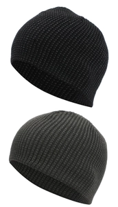 Detail of ribbed knit beanies in black and grey with reflective thread patterns