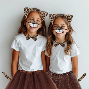 Leopard print cat costume set including animal ears headband mask bowtie and tail
