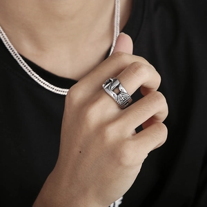Vintage oxidized silver chain ring in titanium steel for men with retro punk carving style