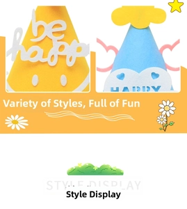 Detail of yellow and blue felt party hats with Happy and Be Happy decorative lettering