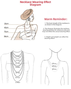 Detailed necklace length chart showing 16 to 32 inch fit on female silhouette guide