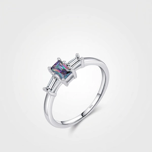 925 Sterling Silver Rainbow Zirconia Ring Exquisite Rectangular Crystal Stone Minimalist Three Stone Ring For Women Jewelry Gift