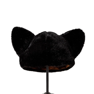 Furry black cat ear beanie hat for women featuring soft plush texture and warm brown lining
