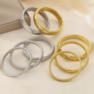 Stainless Steel Tubogas Bangle Elastic Ribbed Texture Stackable Chunky Bracelet Unisex Minimalist Jewelry Gift
