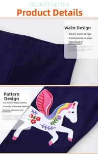 Detail of navy blue girls leggings featuring elastic waist and unicorn embroidery