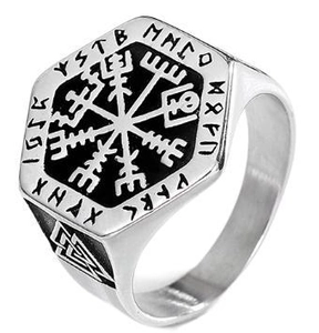 Macro shot of Viking Vegvisir compass ring with vintage runes and black oil finish