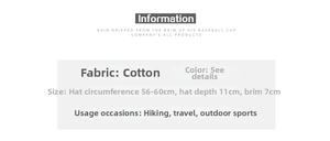 Detailed size chart for cotton baseball cap showing 56-60cm circumference and 7cm brim length