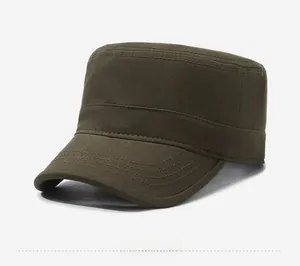 Detail of olive green canvas flat top cap with metallic Sports Style side emblem