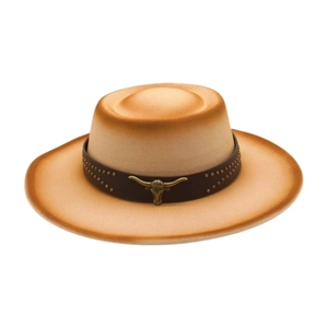 Chapeau De Cowboy Western Bolero Feutre De Laine Large Bord Vintage Tête De Taureau Charme Métallique Bande Cuir Rivetée