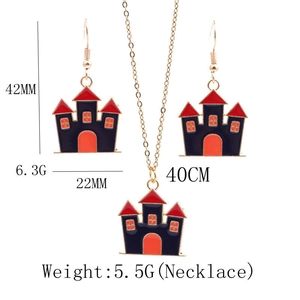 Detail view of Halloween necklace and earrings set with castle pendant dimensions