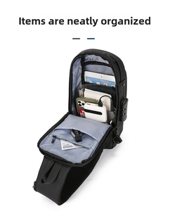 Detail view of the black crossbody bag showing internal compartments and TSA security lock