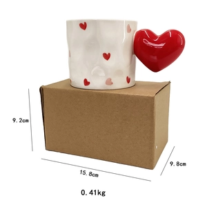 Ceramic heart mug with red heart handle showing precise product dimensions and size info