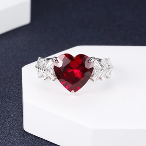 925 Sterling Silver Red Heart Rhinestone Ring Ice Flower Cut Ruby Style Inlaid Heart Shape Ring Jewelry Gift For Women