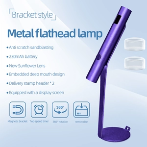 Detail of purple matte metal nail lamp featuring digital display and magnetic stand