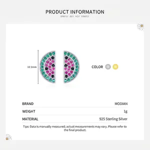Boucles d'oreilles pastèque en argent sterling S925 avec zircons colorés brillants