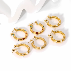 Thick 18K gold plated stainless steel hoop earrings with colored stones and pearls