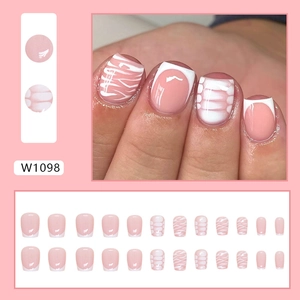 Short square press-on nails with white French tips and pink zebra marble patterns