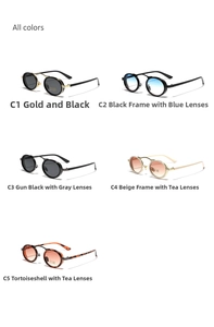 All colors display of retro steampunk oval sunglasses with metal bridge and UV400 lenses