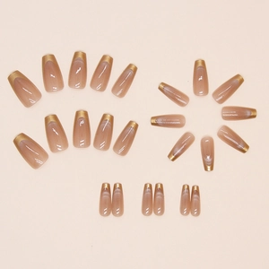Cat eye press-on nails in brownish nude with golden metallic French tips, 24 piece set