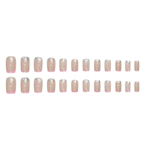 Barbie pink crescent glitter press-on nails with silver sparkles and French tip design
