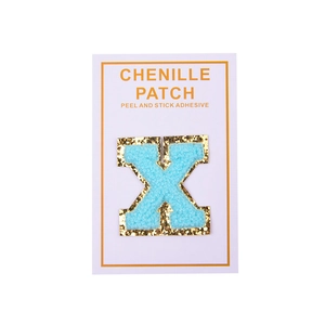 Self-adhesive blue chenille letter X patch with gold glitter edge for DIY garments