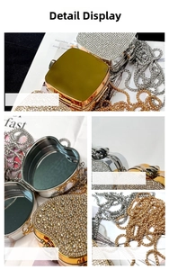 Close-up of mini rhinestone-studded metal box bag with internal mirror and chain
