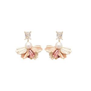 Elegant gold plated floral drop earrings with fan shaped petals, zircon and white pearl charms