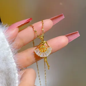Detailed close-up of a titanium steel ballet girl necklace with micro-inlaid zircons