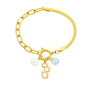 Gold-plated stainless steel bracelet with pearl, crystal teardrop, and square pendants