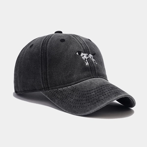 Vintage washed charcoal cotton baseball cap with detailed hound embroidery for outdoors