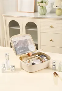 Detail view of large capacity beige PU makeup bag with inner compartments and zippers