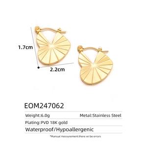 Macro shot of 18k gold plated stainless steel hollow geometric stud earrings with radial texture