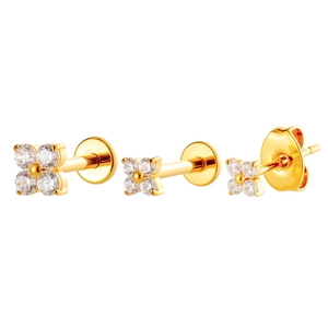 Titanium flower stud earrings set with gold finish and cubic zirconia on white background