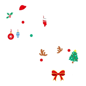 Christmas window decals with red bow, green tree, and Santa hat icons on white background