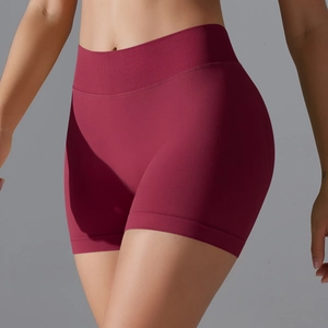 Short de yoga sans couture rouge vin à taille haute avec ceinture côtelée pour fitness