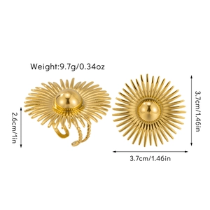 Macro detail of oversized gold floral ring showing dimensions and polished metal texture