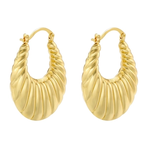 Detail of gold-plated hollow hoop earrings with vintage spiral texture and C-shape design