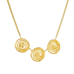 Golden necklace with three layered spiral floral pendants on a clean white background