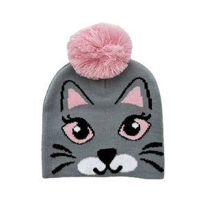 Kids Halloween cat jacquard knit beanie with pink pompom and ear flaps for winter