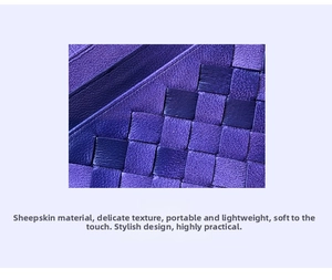 Detailed close-up of woven purple sheepskin leather texture on this slim card holder