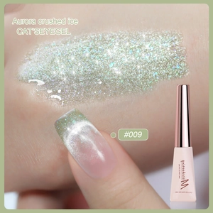 Close-up of aurora glitter cat eye gel polish #009 with silver-green shimmer effect