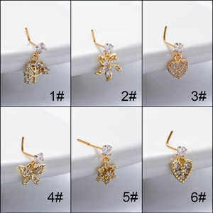 Nose Stud L Shaped Piercing Jewelry Stainless Steel Zircon Pendant Butterfly Heart Flower Tree Of Life For Women Fashion