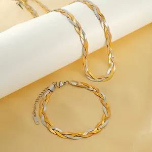 Braided Herringbone Chain Necklace And Bracelet Tricolor Stainless Steel 18K Gold Plated Fashion Jewelry For Women