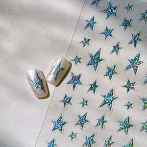 Holographic star nail art stickers with 3D silver glitter stars for professional manicure