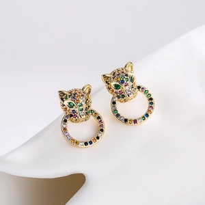 Colorful Zircon Leopard Head Stud Earrings Copper Gold Plated Hip Hop Animal Style Jewelry