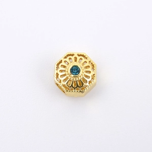 18k gold plated hexagonal hollow bead with center blue gemstone for DIY jewelry making
