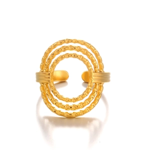 Minimalist gold plated stainless steel triple layer open ring with textured concentric bands