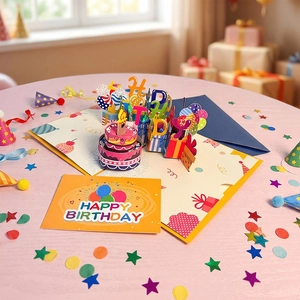 3D Pop-up Birthday Card with light and music featuring cake and blue envelope
