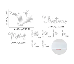 Detailed dimensions of 1mm acrylic Christmas wall decals including elk and snowflakes
