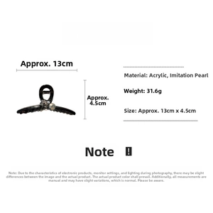 Detail showing dimensions 13cm and 31.6g weight of black pearl bow hair claw clip